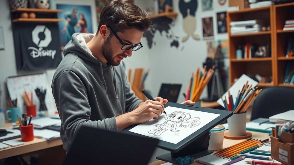 A young man drawing in a creative workspace filled with art supplies and Disney memorabilia.