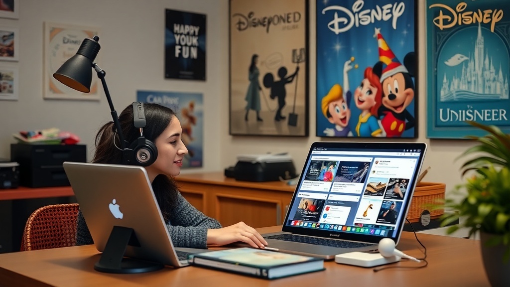 A person working at a desk with Disney-themed posters in the background, representing a Disney Community Engagement Specialist.