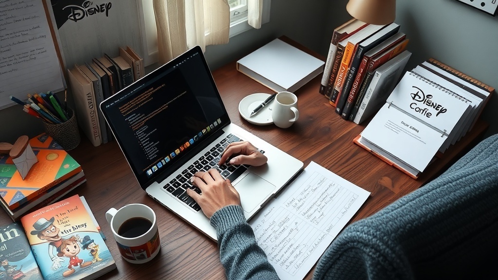 A cozy workspace with a laptop, Disney books, and a coffee cup, ideal for a content writer.