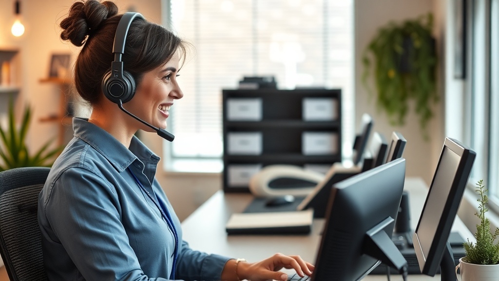 A customer service representative smiling while using a headset at a desk with computers.