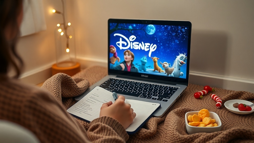 A person watching a Disney movie on a laptop, taking notes, with snacks nearby.