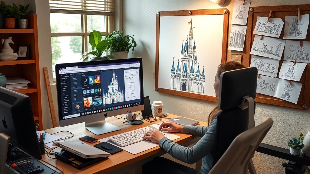 A graphic designer working at a desk with Disney-themed artwork on the wall and a computer displaying design software.