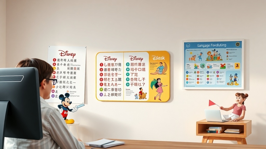 A young instructor at a desk with Disney-themed language teaching materials on the wall.