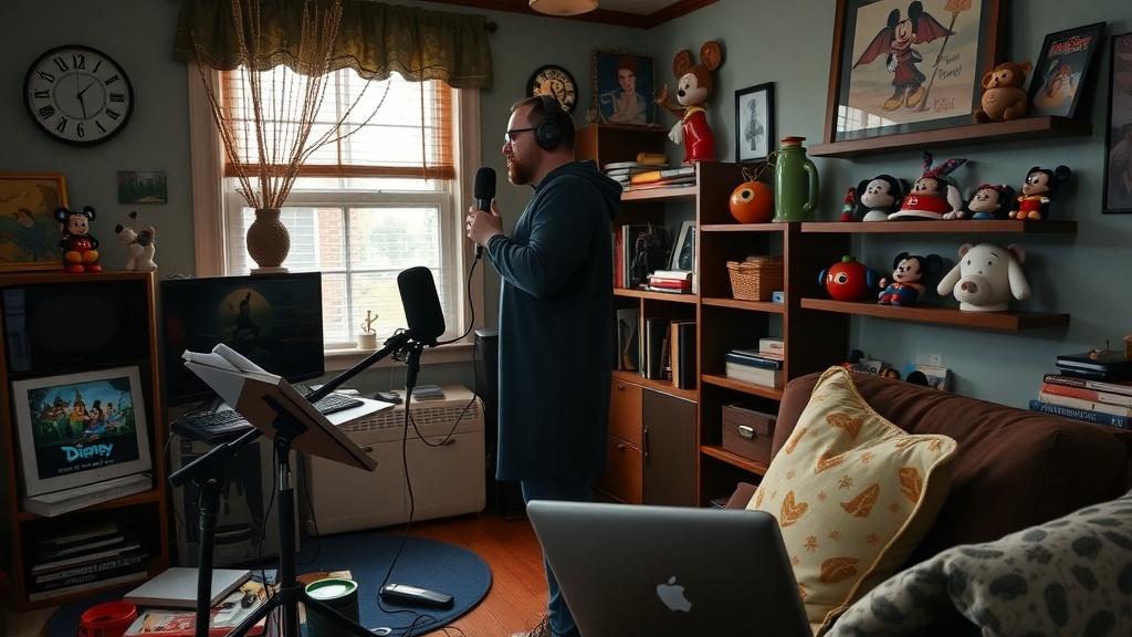 A person recording a podcast in a cozy home studio filled with Disney memorabilia.