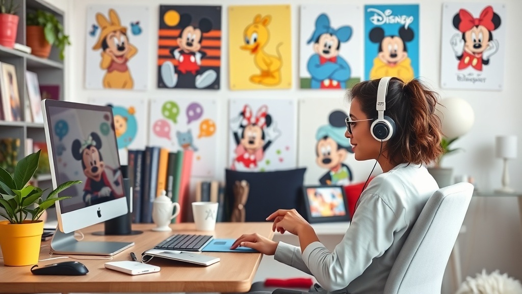 A person working as a Disney Social Media Manager in a colorful workspace with Disney character art on the walls.