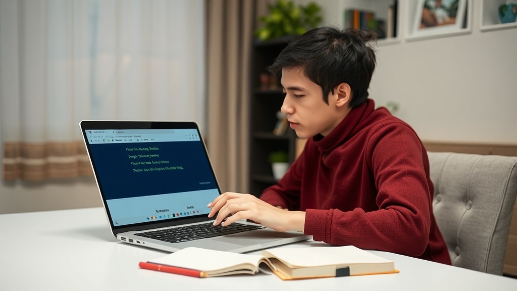 A person working on a laptop, focused on subtitling or transcription tasks.