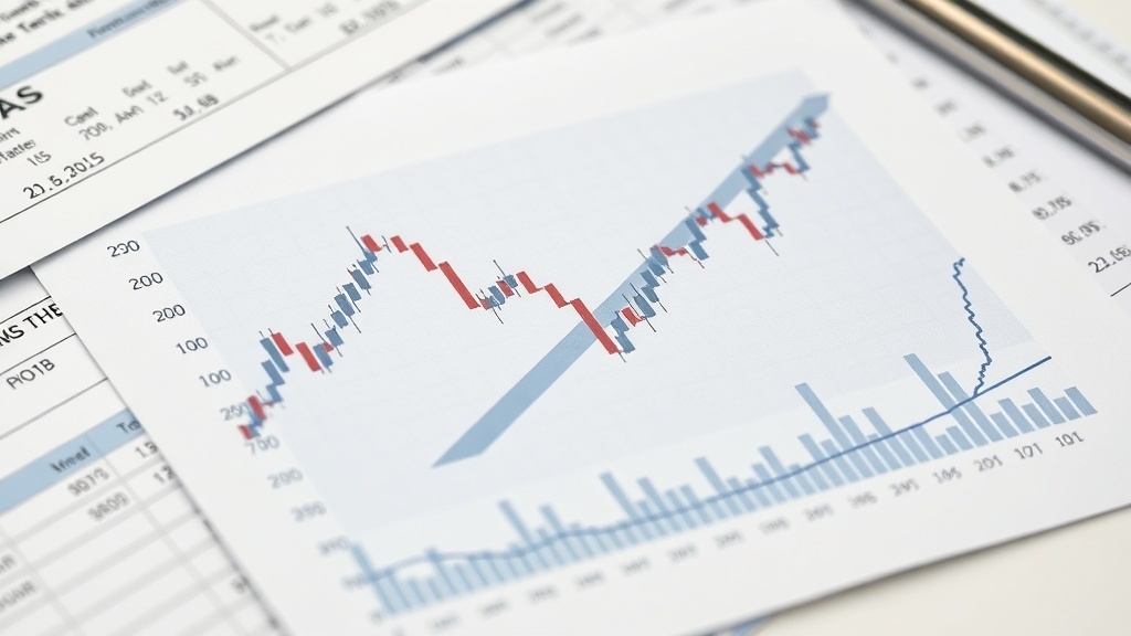 Stock market chart showing an upward trend with financial documents.