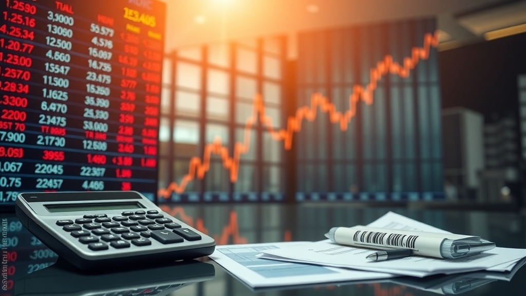 A calculator and financial reports on a table with stock market data in the background.