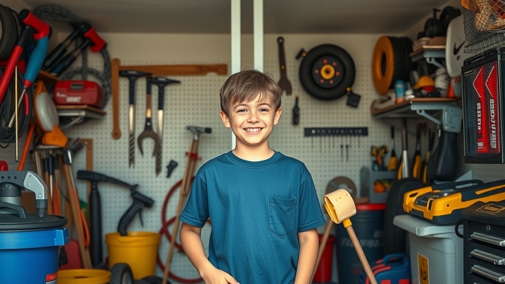 A smiling boy standing in a garage filled with tools and equipment, ready to do chores.