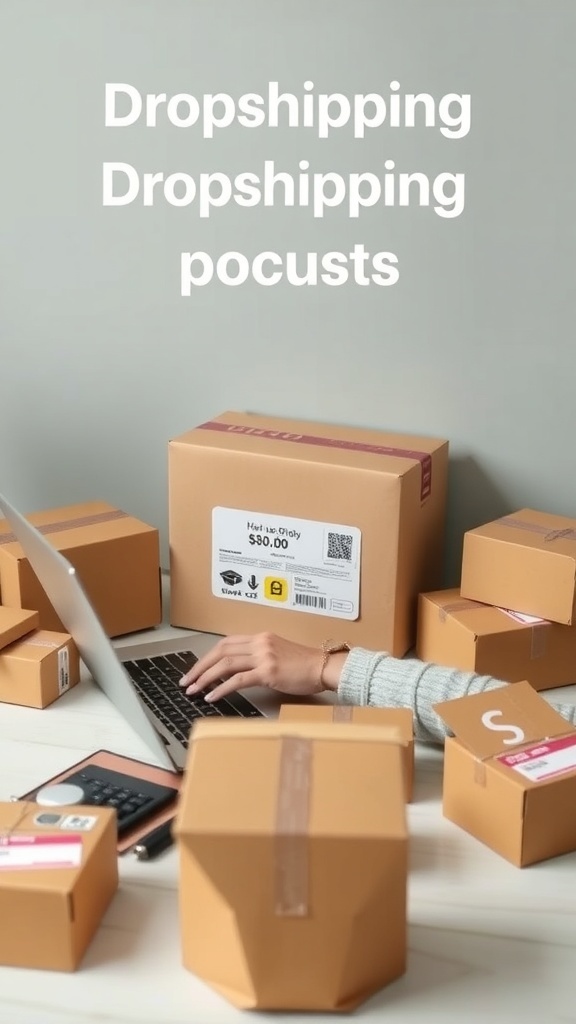 A person working on a laptop surrounded by cardboard boxes labeled for dropshipping.