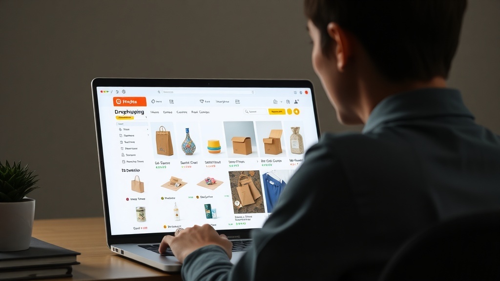 A person browsing a dropshipping website on a laptop, showcasing various products.