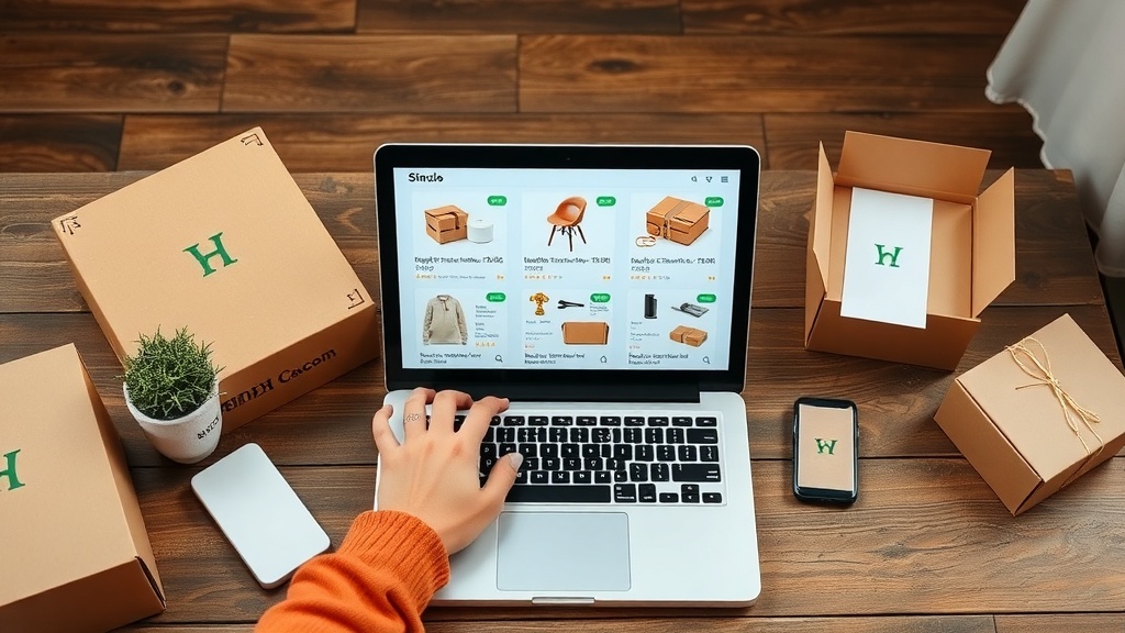 A laptop displaying a dropshipping platform with packaging boxes around it, illustrating the dropshipping business model.