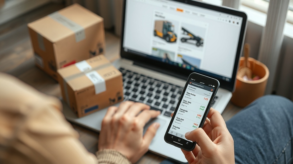 A person using a laptop and smartphone for dropshipping, with packages in the background.