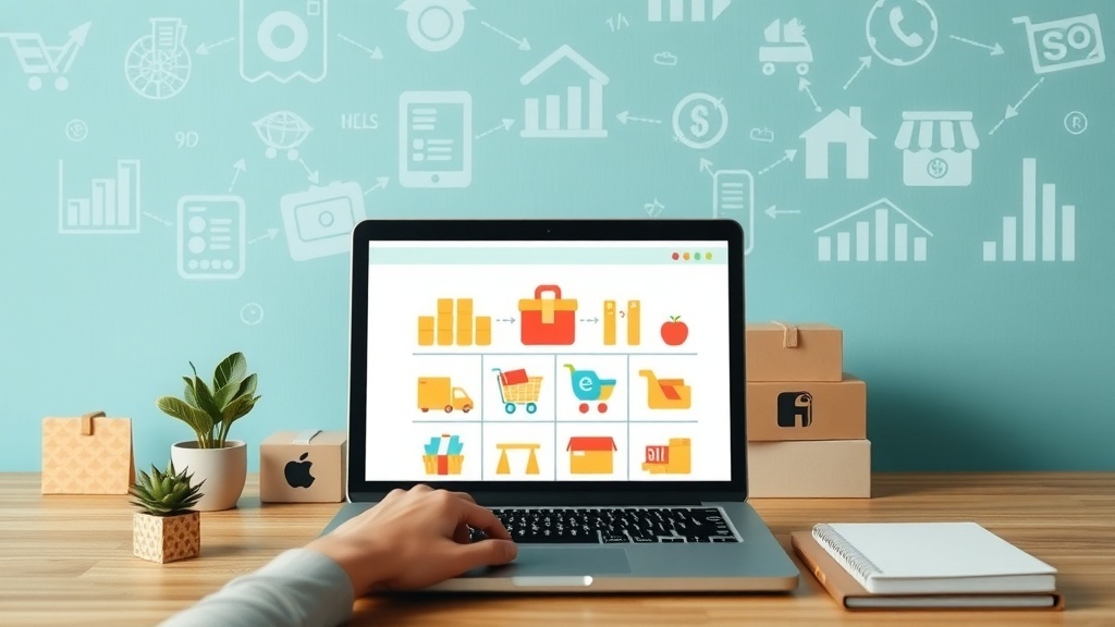 A laptop displaying e-commerce icons with a workspace setup, including plants and boxes, symbolizing dropshipping.