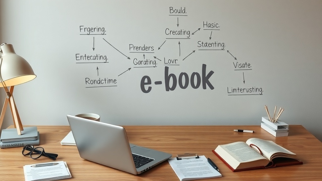 A workspace featuring a laptop, books, and a mind map on the wall about e-book topics.