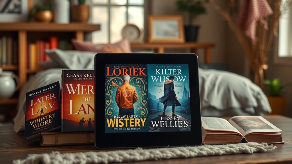 A tablet displaying an e-book cover, surrounded by printed books in a cozy setting.