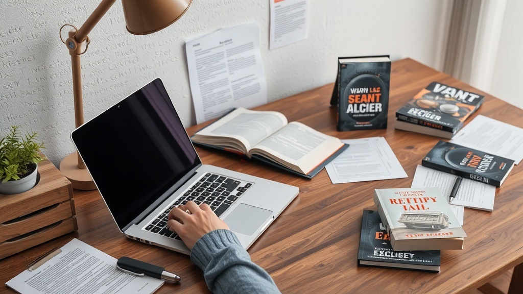 A cozy workspace with a laptop, books, and notes, ideal for e-book writing.