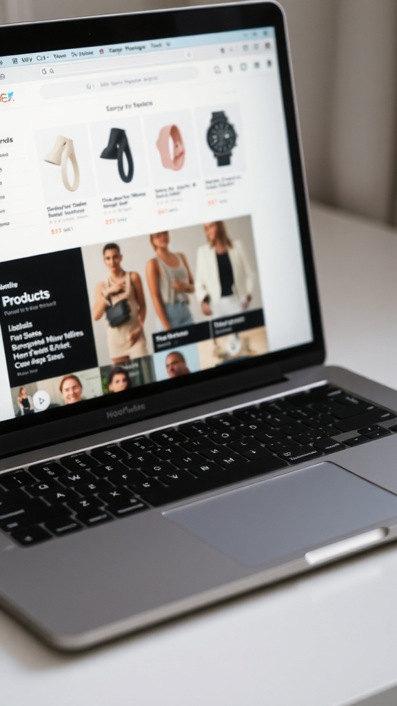 A laptop displaying an e-commerce website with various products listed.