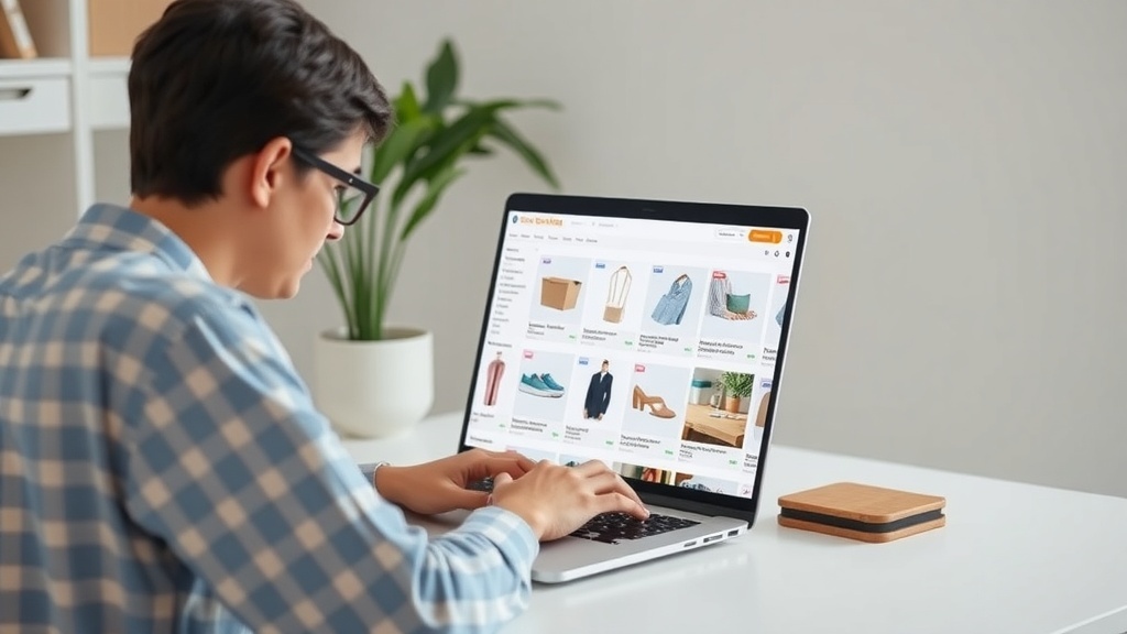 A person working on a laptop, browsing an e-commerce website with various products displayed.
