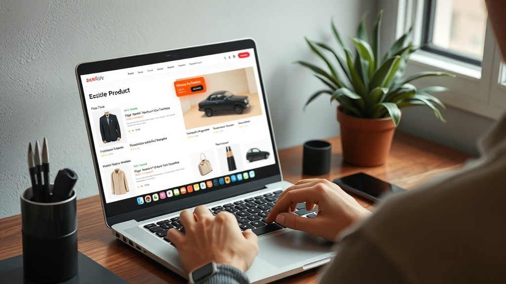 Person working on a laptop browsing an e-commerce store with various products displayed.