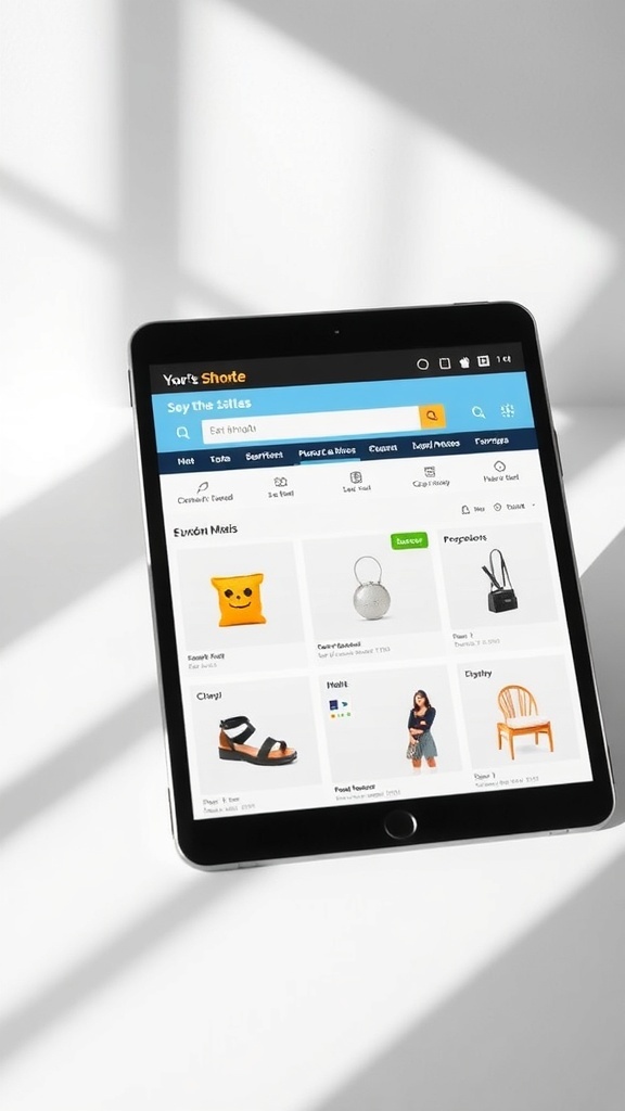 A tablet displaying an e-commerce store with various products.