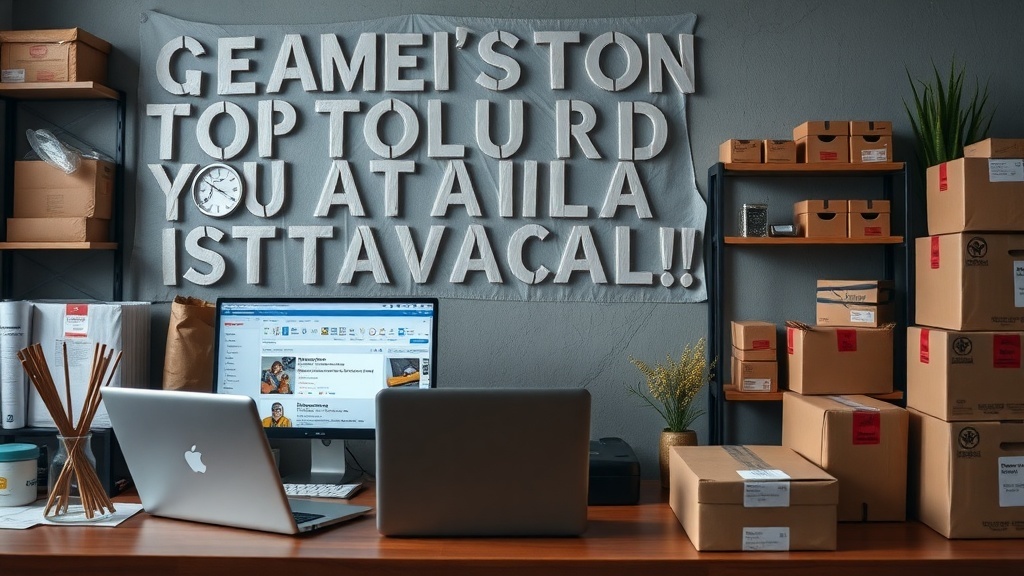 A workspace for e-commerce store management featuring two laptops, packed boxes, and a motivational wall message.