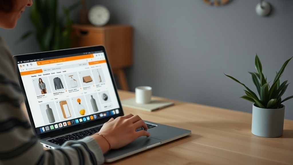 A person working on a laptop, managing an e-commerce store with various product listings visible on the screen.