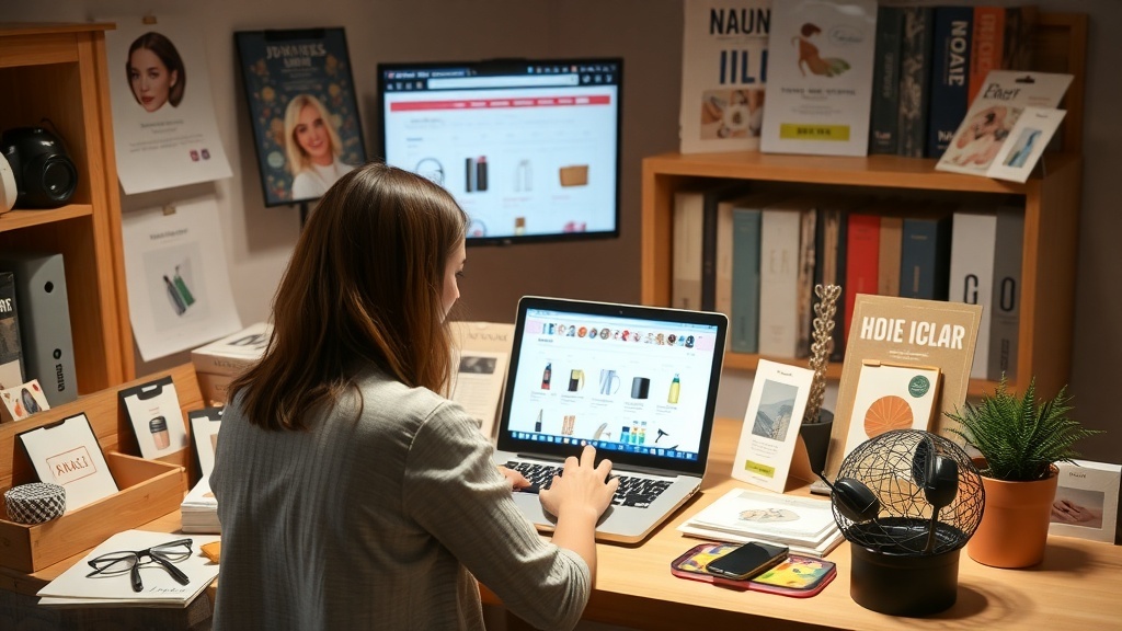 A person managing an e-commerce store from home, working on a laptop surrounded by products and tools.