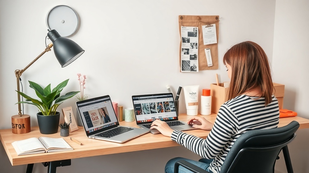 A person managing an e-commerce store from a tidy desk with two laptops, a lamp, and plants.
