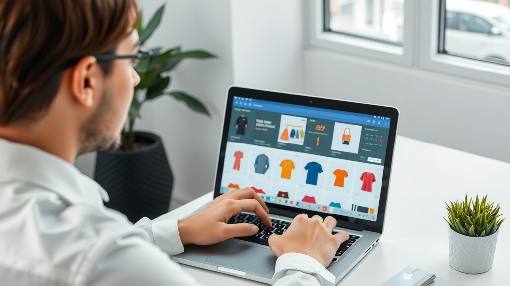 A person working on a laptop, browsing an e-commerce website with various products displayed.