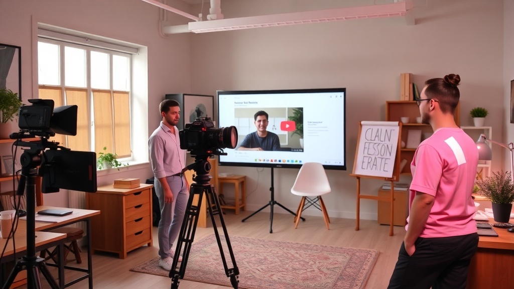 A video recording setup for an e-learning course, featuring a presenter, cameras, and a screen displaying course content.