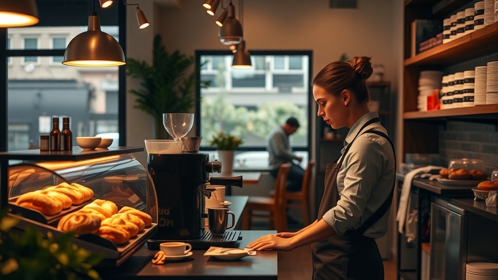 A barista preparing coffee in a cozy café with pastries on display.