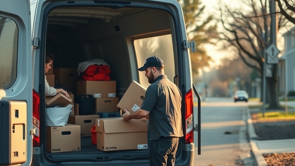 A delivery driver loading boxes into a van in the early morning light.