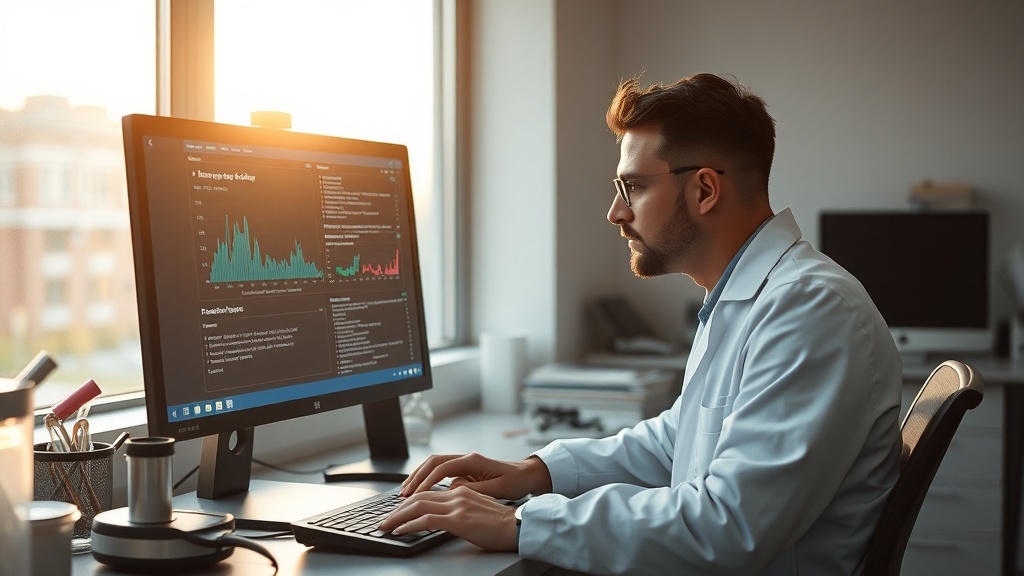 A researcher working at a desk in a bright office, analyzing data on a computer screen.
