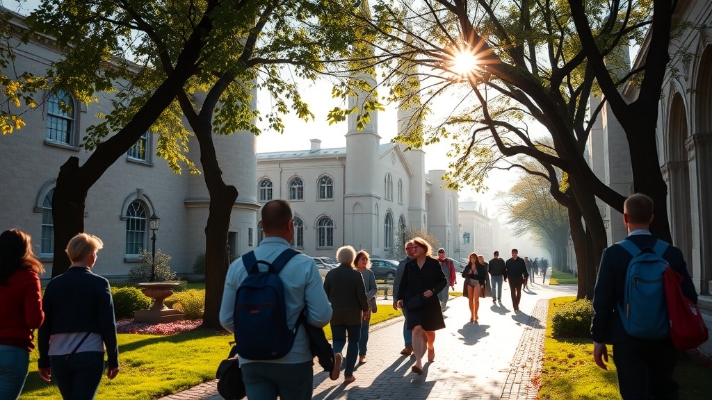 People walking along a tree-lined path in the morning sun, showcasing a vibrant and lively atmosphere.
