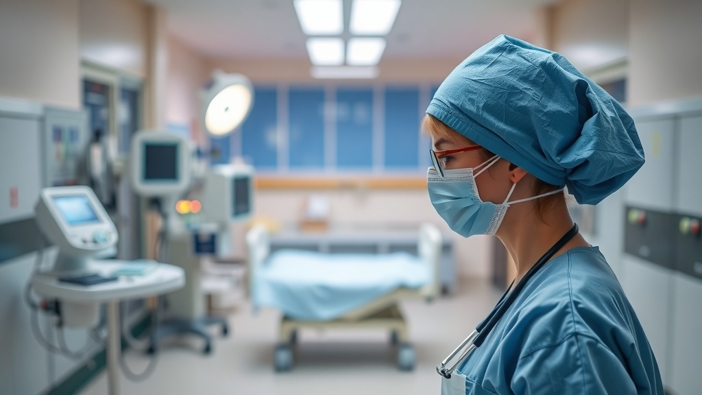 A nurse in scrubs and a mask, preparing for her early morning shift in a hospital.