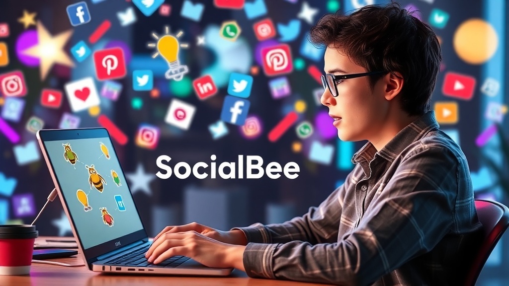 A person working on a laptop with social media icons around, representing SocialBee.