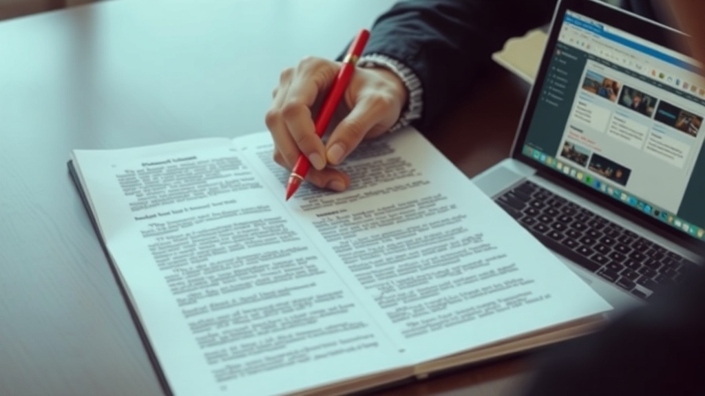 A person editing a document with a red pen while using a laptop.