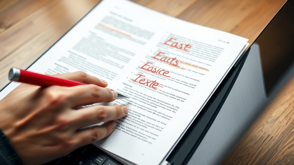 A hand holding a red pen, marking corrections on a printed document with highlighted text.