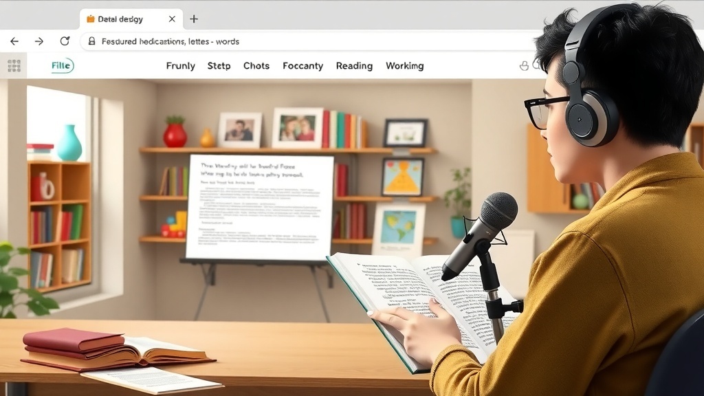A person reading a book aloud into a microphone, wearing headphones, in a cozy room with bookshelves.