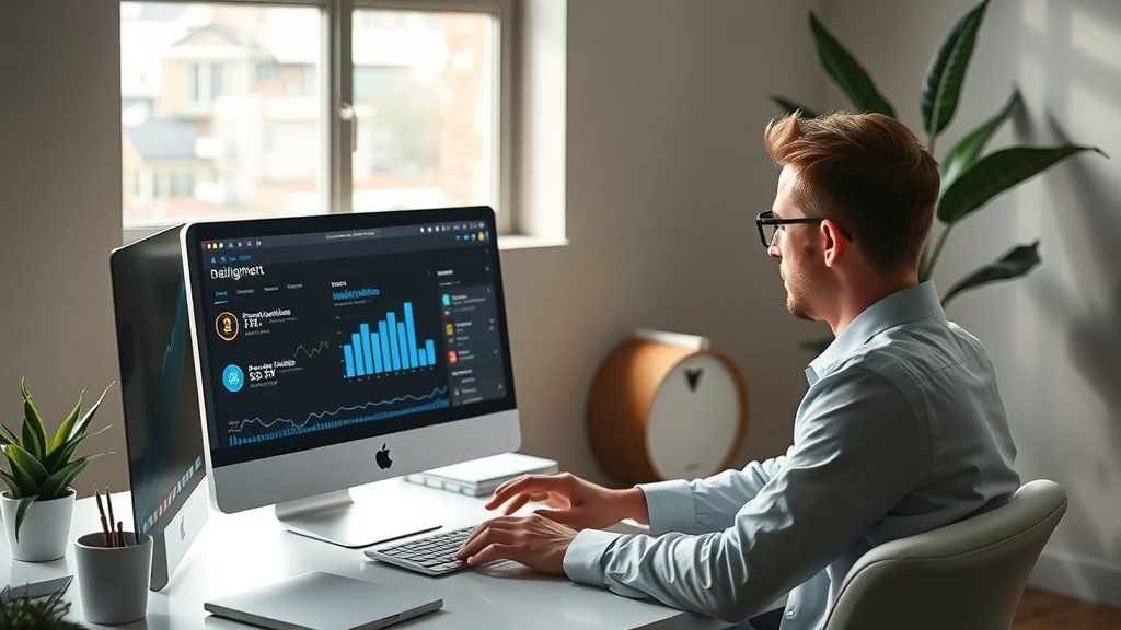 A person working at a desk with a computer displaying data analytics related to email marketing.