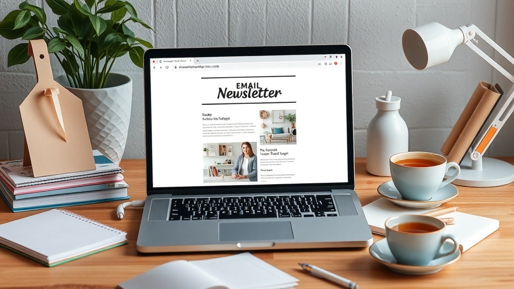 A cozy workspace with a laptop showing an email newsletter, surrounded by a plant, notebooks, and cups of tea.