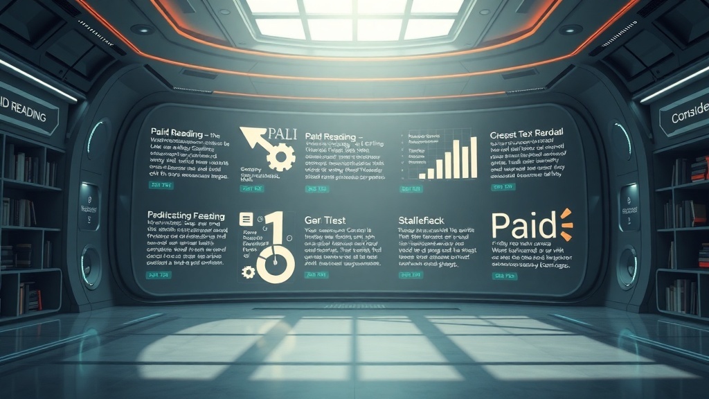 A futuristic reading space displaying various platforms for paid reading opportunities, featuring graphics and statistics.