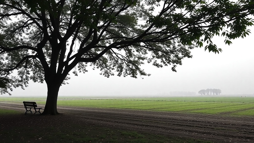 A peaceful scene with a bench under a large tree, surrounded by a misty field.