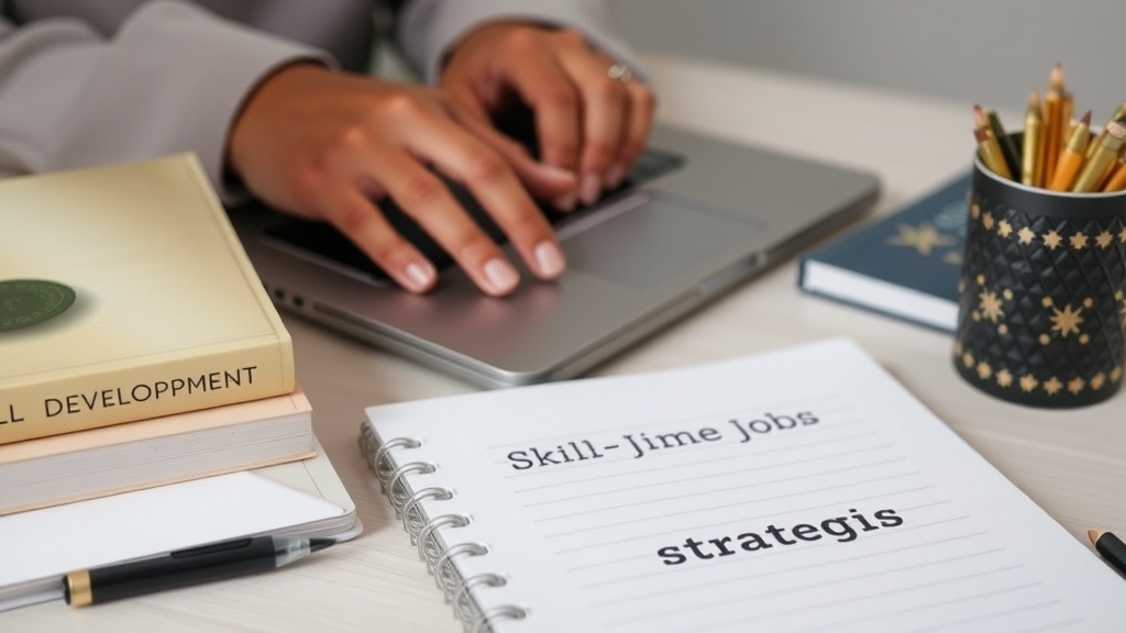 A workspace with a laptop, books on skill development, and a notebook titled 'Skill-Time Jobs' with strategies.