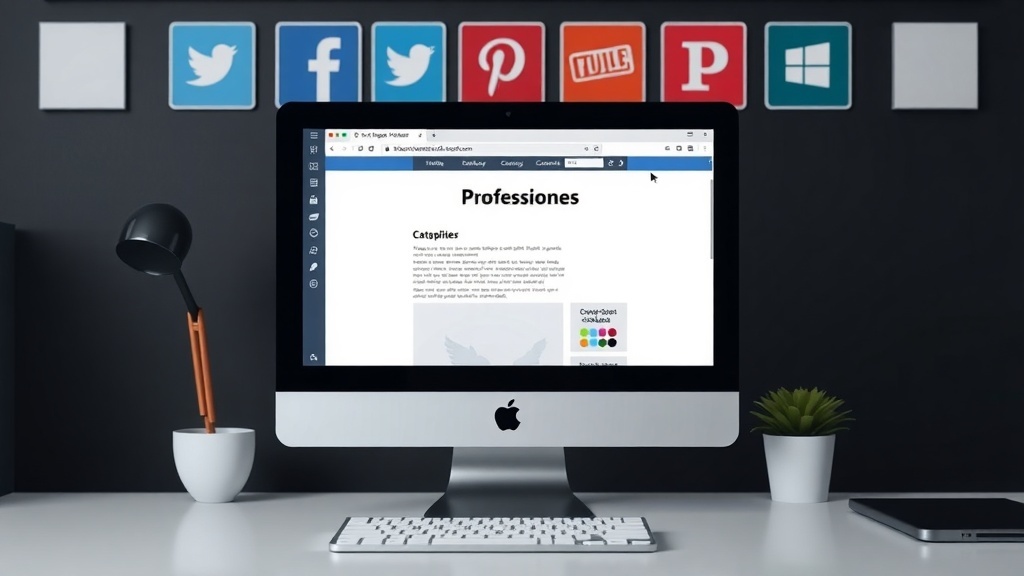 A computer screen displaying a website with social media icons in the background.