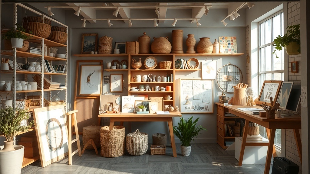 A cozy workspace filled with handmade crafts and supplies, showcasing a creative environment for crafting.