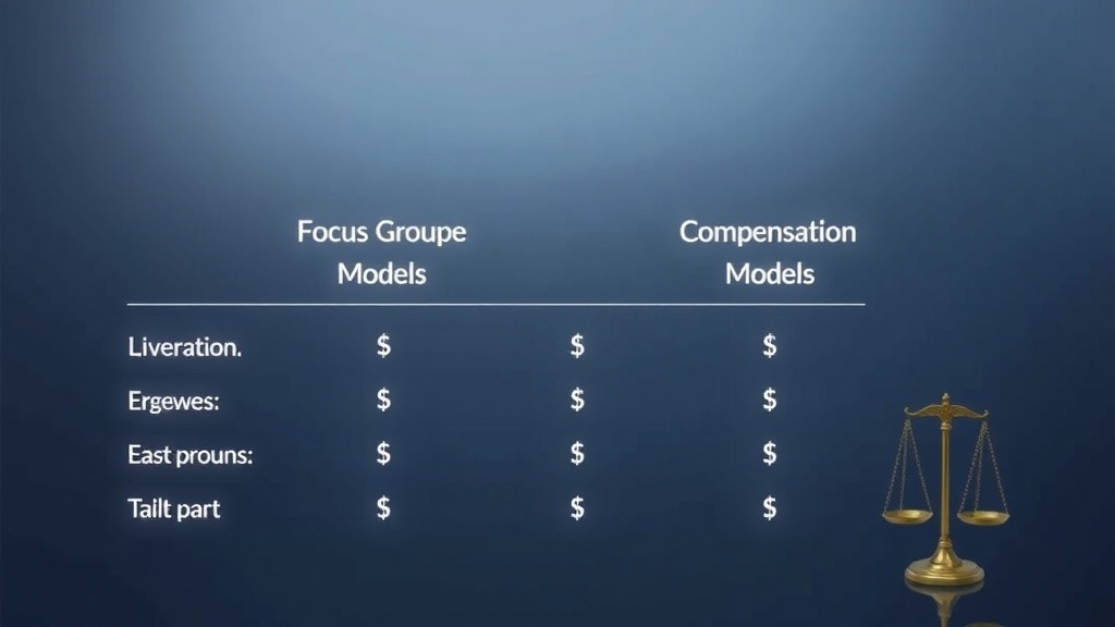 A chart showing different focus group models and their compensation structures with a balance scale.