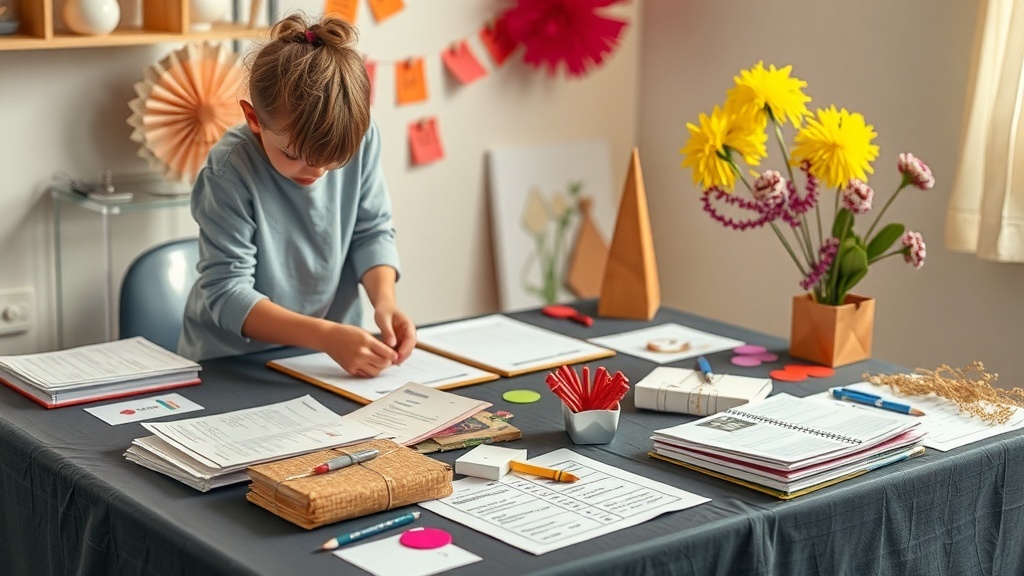 A young person organizing event planning materials on a table with colorful decorations and paperwork.