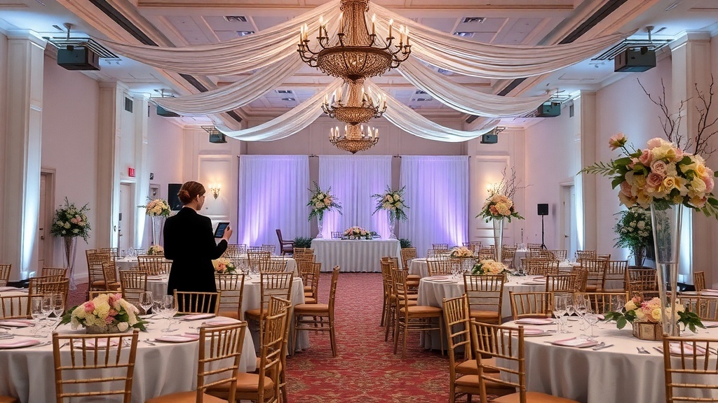 An elegantly decorated event space with tables, flowers, and soft lighting, showcasing event planning services.